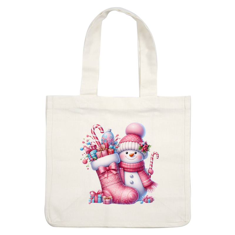 A cheerful snowman in a pink knitted hat stands beside a festive pink stocking filled with gifts and candy canes. heat press transfers