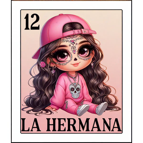 Una linda y estilizada ilustración de una niña con un traje rosa con un diseño de calavera, una gorra y decoraciones faciales intrincadas.