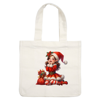 A cheerful elf girl in a festive red outfit with a Santa hat, surrounded by colorful gift bags, embodying holiday spirit.DTF Transfers heat press transfers