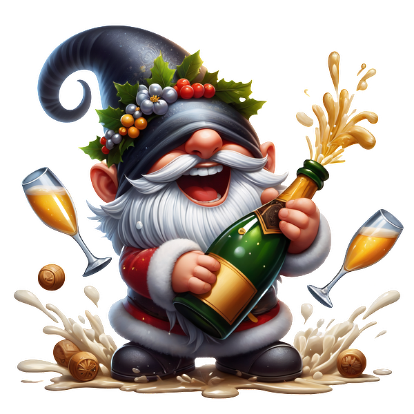 A cheerful gnome in festive attire joyfully pops a champagne bottle, surrounded by sparkling glasses and playful splashes.dtf regular iron