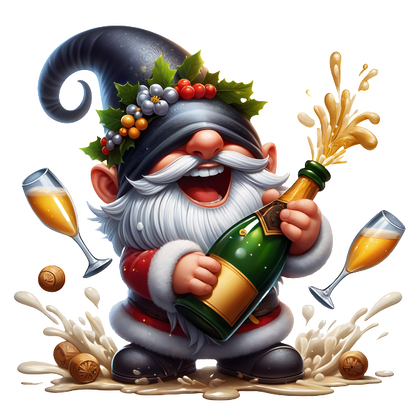 A cheerful gnome in festive attire joyfully pops a champagne bottle, surrounded by sparkling glasses and playful splashes.dtf regular iron