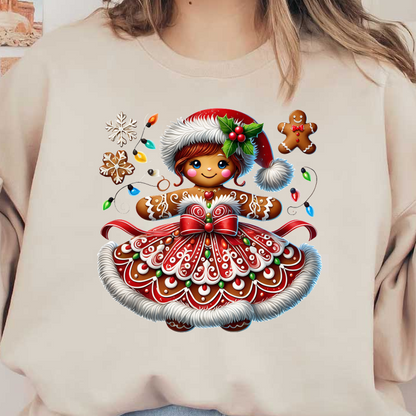 A charming gingerbread girl dressed in a festive red and white gown, complete with a Santa hat and Christmas decorations.DTF Transfers dtf prints