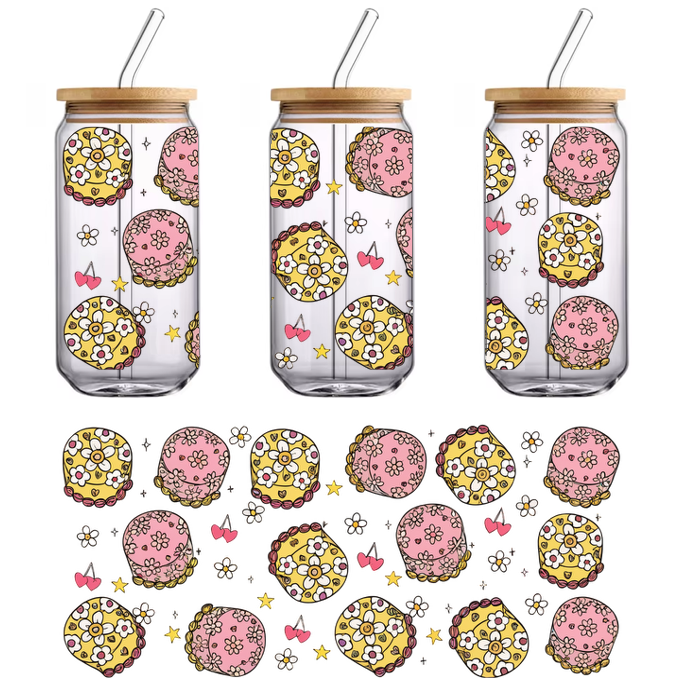 A delightful pattern featuring colorful macarons adorned with floral designs, butterflies, and stars, perfect for a charming touch.UV Transfers dtf transfers