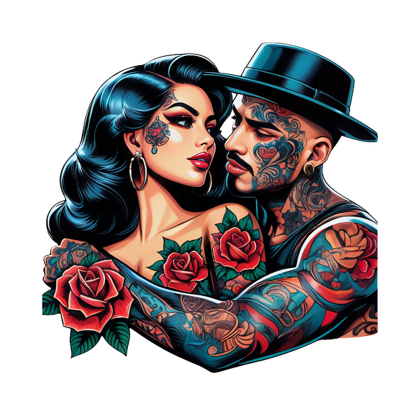 Una obra de arte de tatuaje vibrante que presenta una pareja elegante, adornada con arte corporal detallado y rosas, que exuda una conexión apasionada. Transferencias DTF