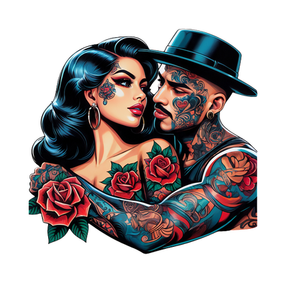 Una obra de arte de tatuaje vibrante que presenta una pareja elegante, adornada con arte corporal detallado y rosas, que exuda una conexión apasionada. Transferencias DTF