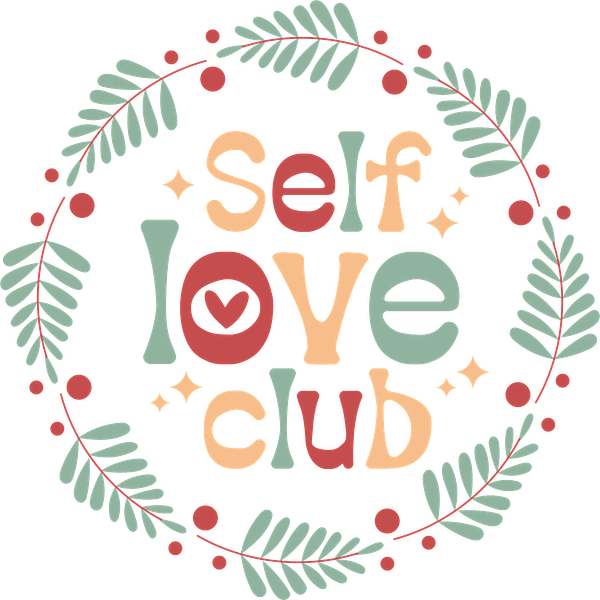 Un diseño caprichoso de "Club del amor propio", rodeado de vegetación frondosa y acentos coloridos que enfatizan la positividad y la autoaceptación.