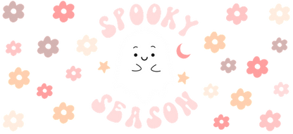 A cute design featuring a cheerful ghost surrounded by pastel flowers and the phrase "Spooky Season." Perfect for Halloween vibes!UV Transfers dtf prints