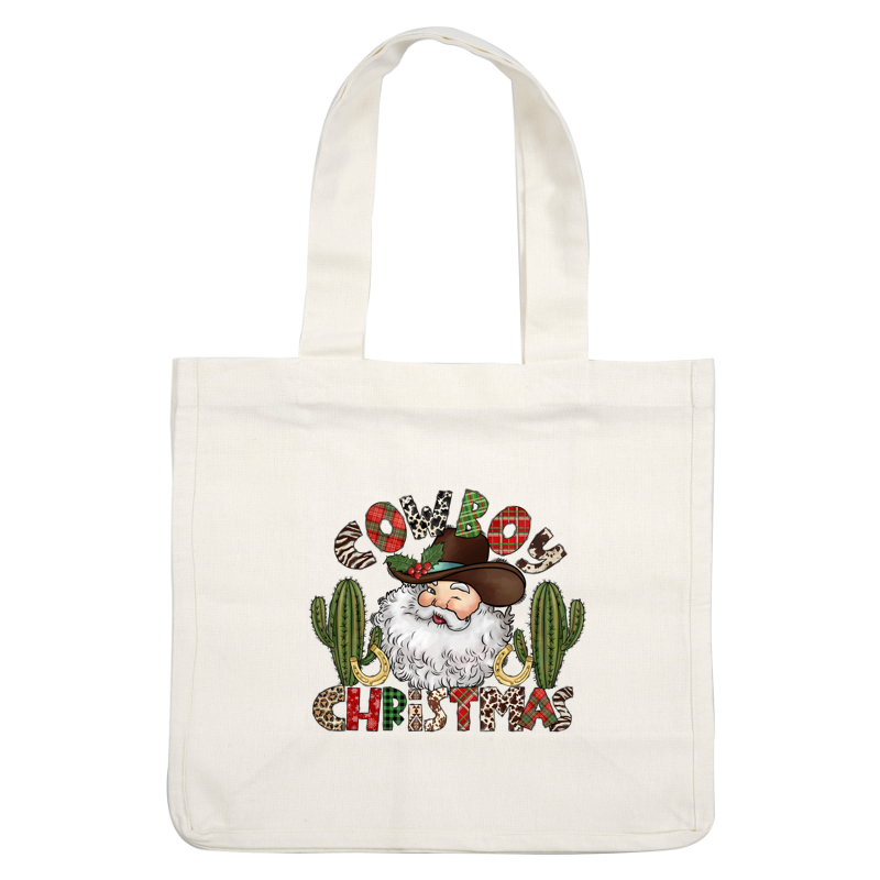 Celebrate the holidays with this whimsical "Cowboy Christmas" design featuring a jolly Santa, cacti, and festive lettering!DTF Transfers dtf prints