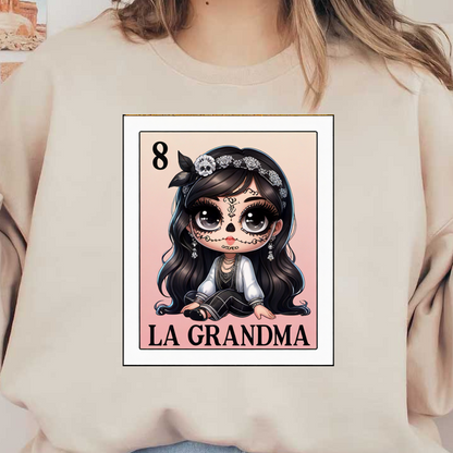 Esta ilustración presenta un simpático personaje llamado "La Abuela", adornado con la tradicional pintura facial del Día de los Muertos y un atuendo elegante.