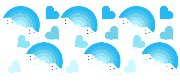 A set of blue and white printed felt heart and rainbow stickers.UV Transfers