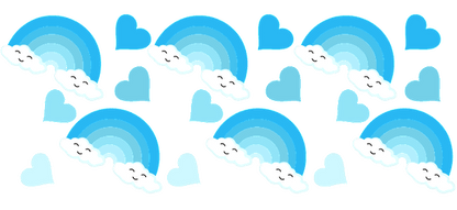 A set of blue and white printed felt heart and rainbow stickers.UV Transfers