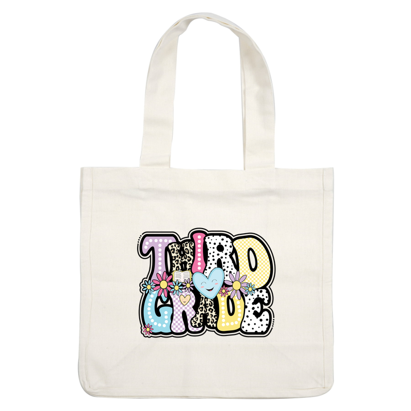 Colorful and playful "Third Grade" lettering adorned with flowers, a smiling heart, and varied patterns, perfect for celebrating education!DTF Transfers