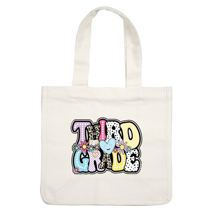 Colorful and playful "Third Grade" lettering adorned with flowers, a smiling heart, and varied patterns, perfect for celebrating education!DTF Transfers