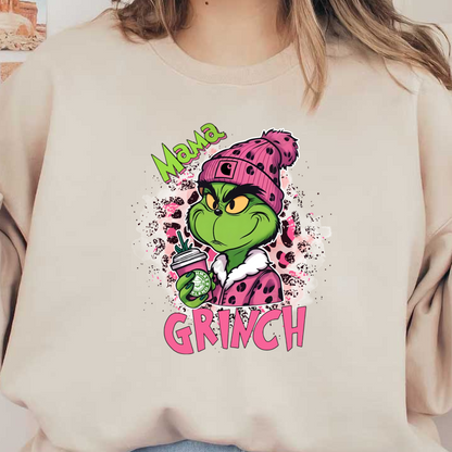 This playful illustration features the Grinch in a cozy pink outfit and hat, holding a coffee cup, embodying a fun, festive spirit.DTF Transfers