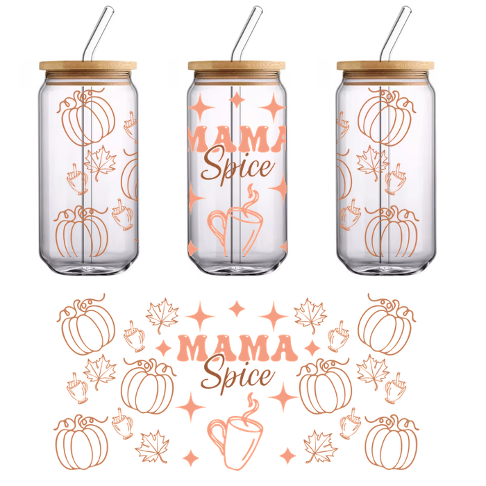 A cozy autumn-themed graphic featuring the text "Mama Spice," surrounded by pumpkins, leaves, and charming decorative elements.UV Transfersdtf regular iron