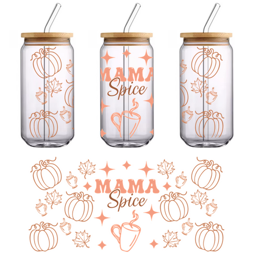 Cozy and inviting, this design features "Mama Spice" surrounded by pumpkins, leaves, and steaming mugs, perfect for autumn vibes.UV Transfers dtf transfers
