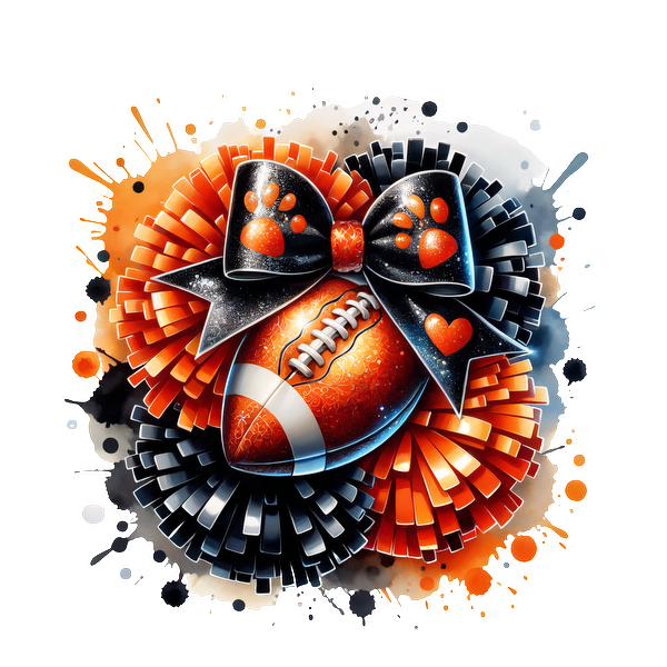 A vibrant artwork featuring a football adorned with a large bow and playful paw prints, surrounded by colorful pom-poms.DTF Transfers dtf prints