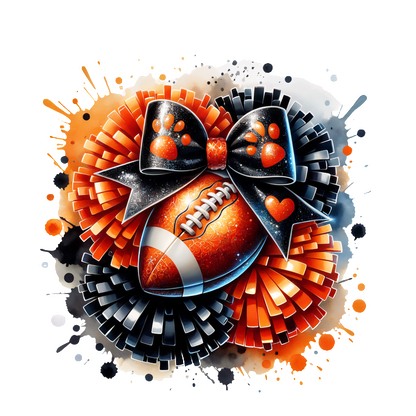 A vibrant artwork featuring a football adorned with a large bow and playful paw prints, surrounded by colorful pom-poms.DTF Transfers dtf prints