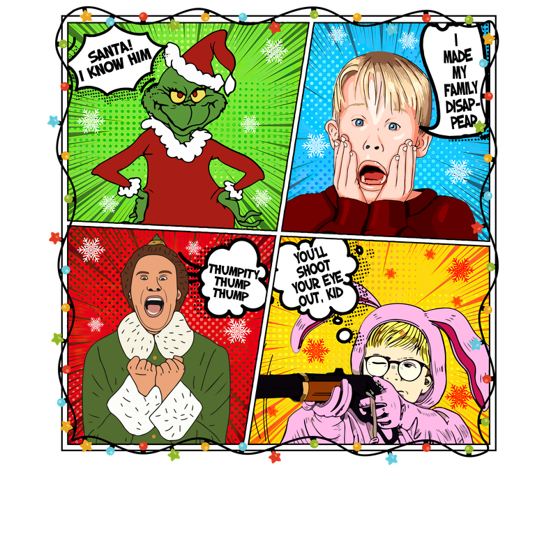 A colorful comic-style illustration featuring iconic characters in humorous holiday scenarios, including the Grinch and a playful child.DTF Transfers dtf prints