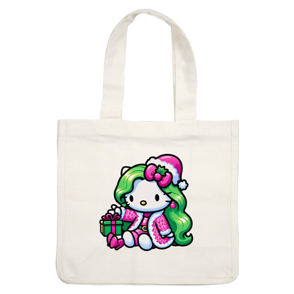 A festive Hello Kitty character with green hair, wearing a pink winter coat and a Santa hat, holding a gift.DTF Transfers dtf prints