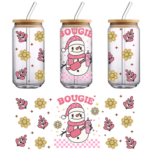 A charming, cartoon-style snowman wearing a pink scarf and hat, holding a drink, surrounded by flowers and the word "BOUGIE."UV Transfers dtf transfers