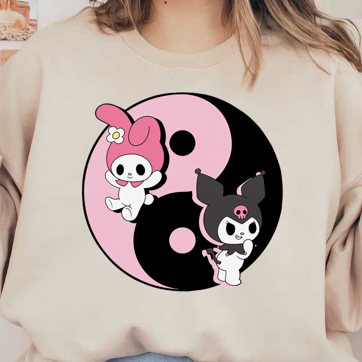 A playful design featuring two cute characters, My Melody in pink and Kuromi in black, against a yin-yang backdrop.DTF Transfers dtf prints