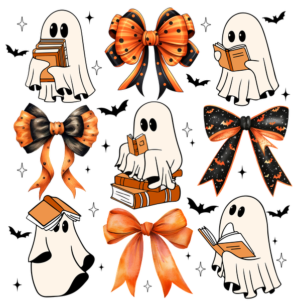 A playful collection of cute ghosts reading books, adorned with vibrant orange and black bows, perfect for Halloween decor! dtf prints