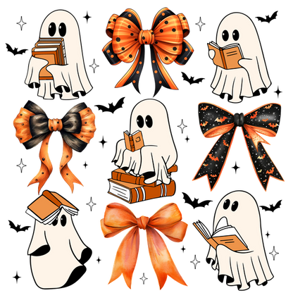 A playful collection of cute ghosts reading books, adorned with vibrant orange and black bows, perfect for Halloween decor! dtf prints