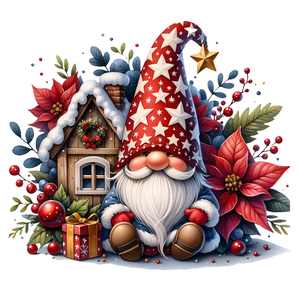 Cheerful holiday gnome with a star-patterned hat sits near a cozy decorated house, surrounded by festive flowers and ornaments.DTF Transfers dtf prints