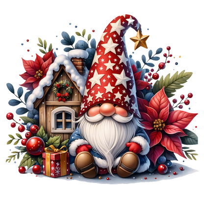 Cheerful holiday gnome with a star-patterned hat sits near a cozy decorated house, surrounded by festive flowers and ornaments.DTF Transfers dtf prints