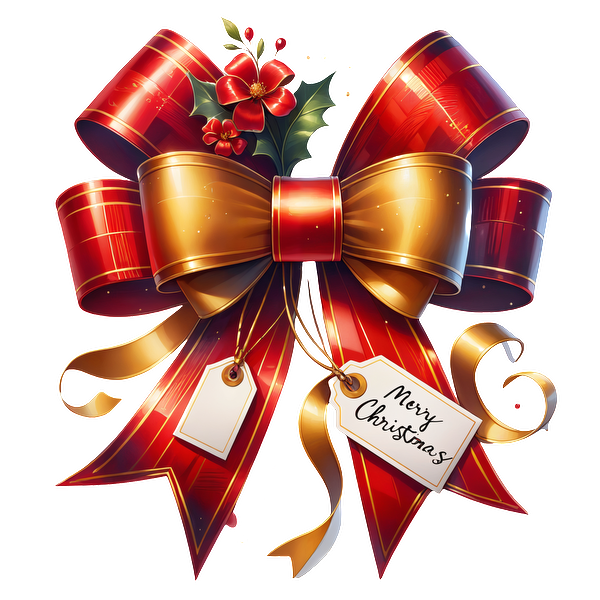 A festive red and gold ribbon bow adorned with flowers and a "Merry Christmas" tag, perfect for holiday gifts!dtf regular iron