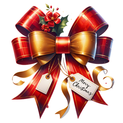 A festive red and gold ribbon bow adorned with flowers and a "Merry Christmas" tag, perfect for holiday gifts!dtf regular iron