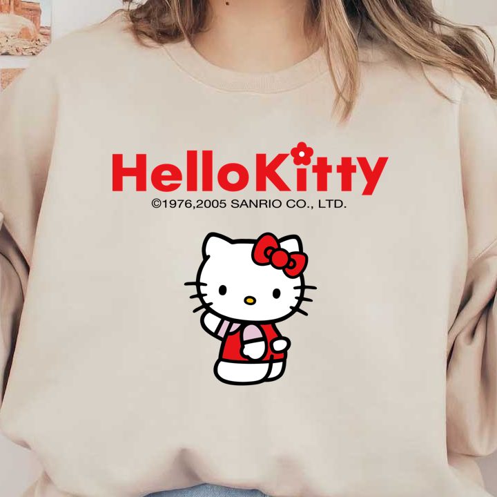 Cute Hello Kitty character in a red outfit with a matching bow, embodying charm and playfulness. Perfect for fans!DTF Transfers