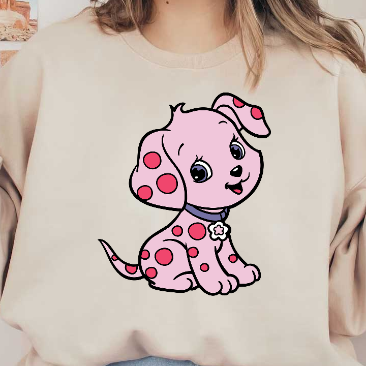 Adorable pink puppy with playful polka dots and a sweet expression, wearing a cute collar with a flower charm.DTF Transfers