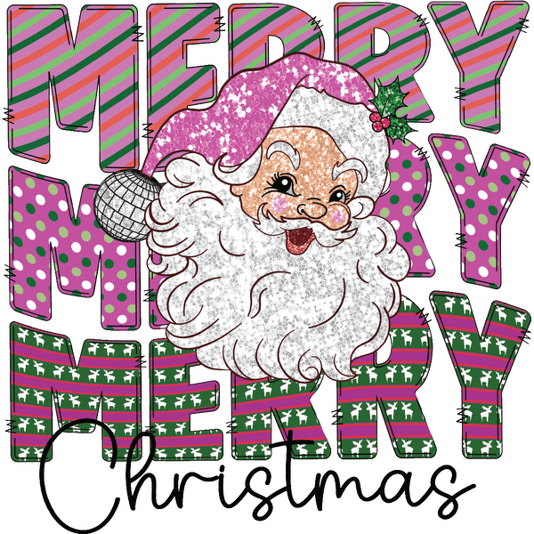 A festive graphic featuring a cheerful Santa Claus surrounded by colorful "MERRY" text, perfect for celebrating Christmas.dtf regular iron