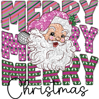 A festive graphic featuring a cheerful Santa Claus surrounded by colorful "MERRY" text, perfect for celebrating Christmas.dtf regular iron