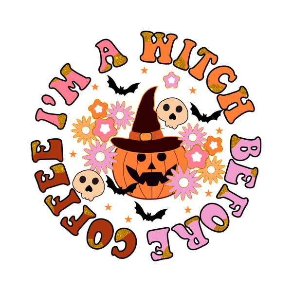 Un divertido diseño con temática de Halloween que presenta una calabaza con un sombrero de bruja, rodeada de flores y calaveras con texto festivo.