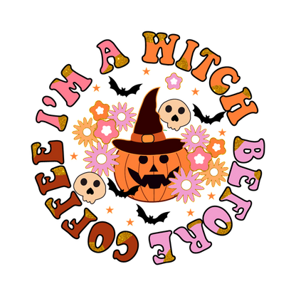 Un divertido diseño con temática de Halloween que presenta una calabaza con un sombrero de bruja, rodeada de flores y calaveras con texto festivo.