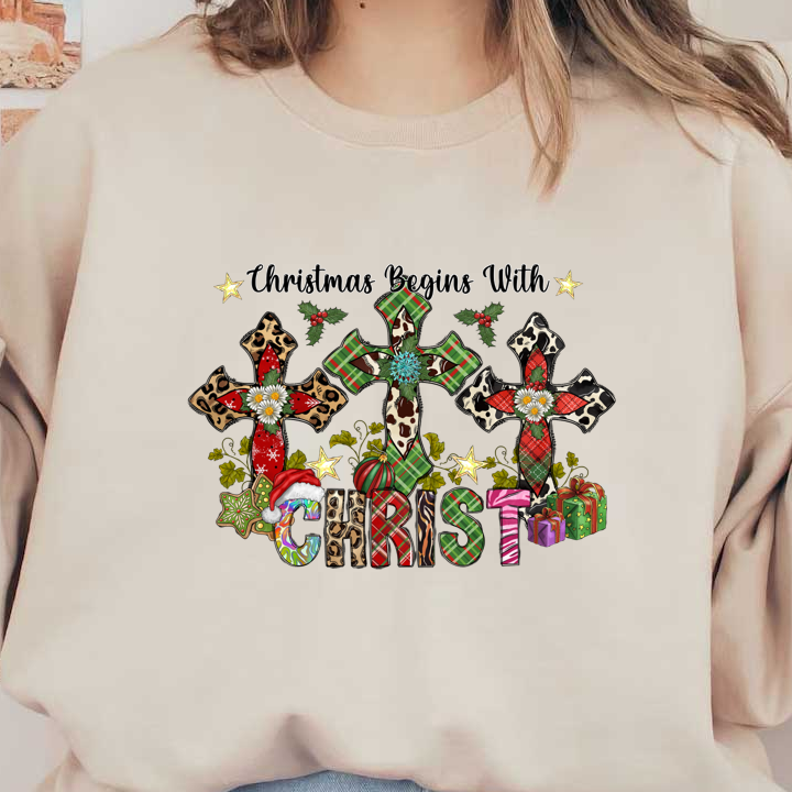 Celebrate the season with this vibrant Christmas design featuring colorful crosses, festive decorations, and cheerful holiday elements.DTF Transfers heat press transfers