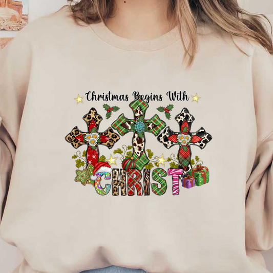 Celebrate the season with this vibrant Christmas design featuring colorful crosses, festive decorations, and cheerful holiday elements.DTF Transfers heat press transfers