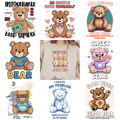 Cute teddy bear-themed graphics for National Coffee Day apparel.DTF Transfers