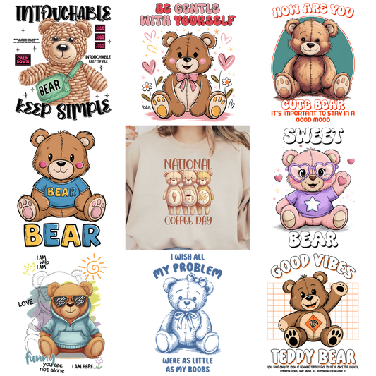 Cute teddy bear-themed graphics for National Coffee Day apparel.DTF Transfers