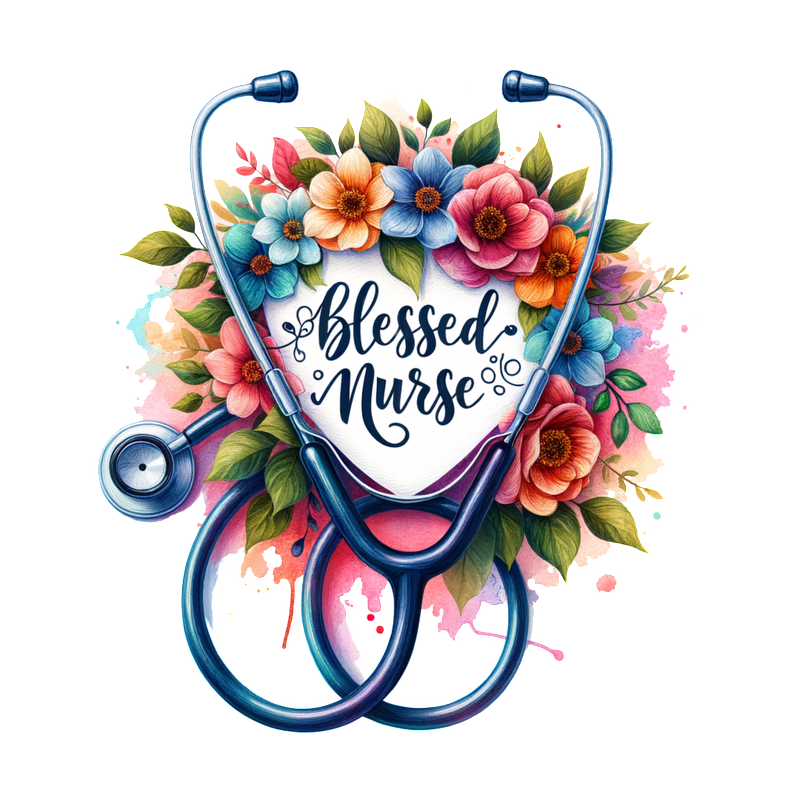 This vibrant design features a stethoscope surrounded by colorful flowers and the heartfelt phrase "Blessed Nurse," celebrating the nursing profession.DTF Transfers