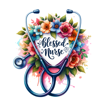 This vibrant design features a stethoscope surrounded by colorful flowers and the heartfelt phrase "Blessed Nurse," celebrating the nursing profession.DTF Transfers