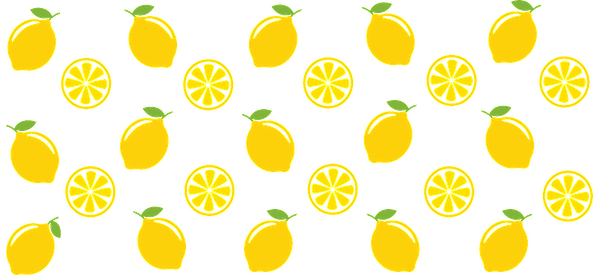 A playful pattern of bright yellow lemons and lemon slices with green leaves on a contrasting background.UV Transfers dtf transfers