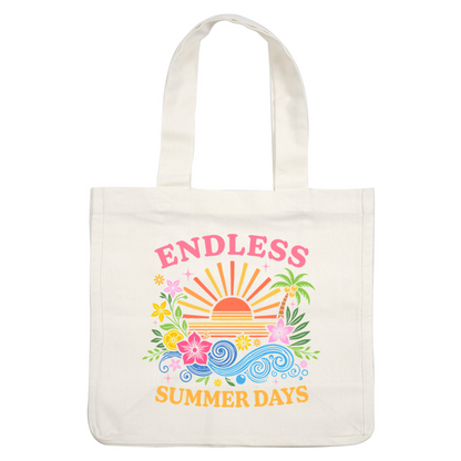 Bright and colorful "Endless Summer Days" design featuring flowers, sun, and waves.DTF Transfers