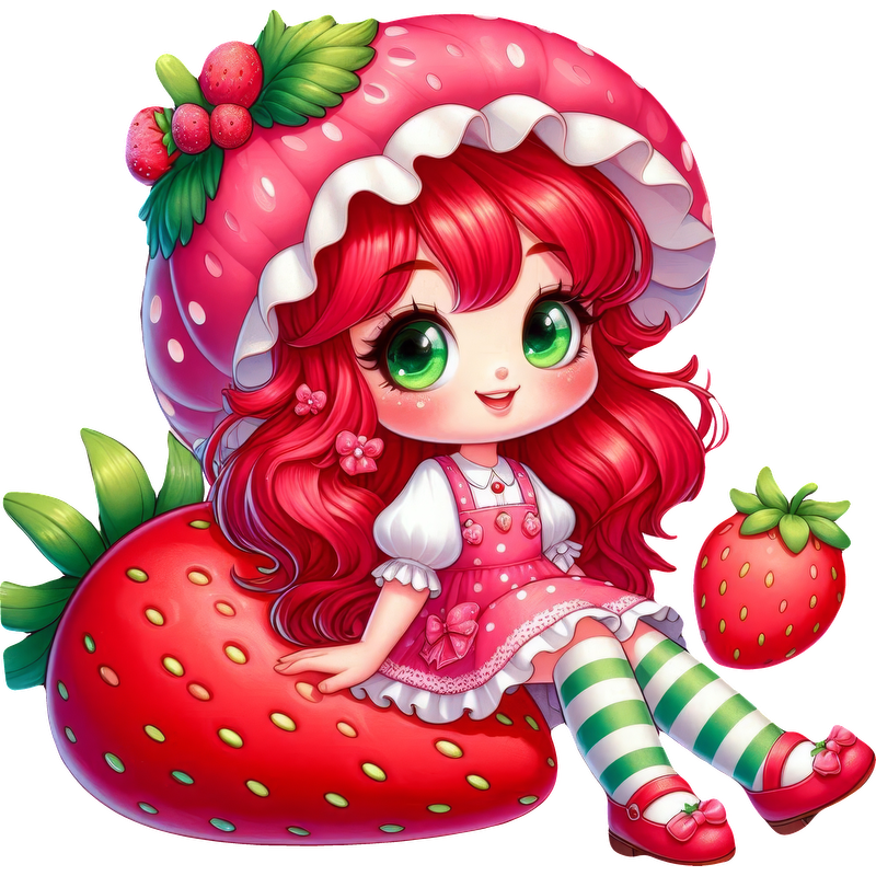 A cute character with vibrant red hair, wearing a pink dress and a strawberry-themed hat, sits on a giant strawberry.DTF Transfers