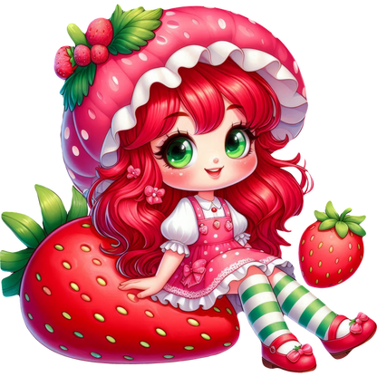 A cute character with vibrant red hair, wearing a pink dress and a strawberry-themed hat, sits on a giant strawberry.DTF Transfers