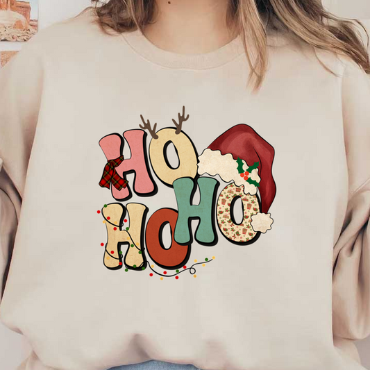 Colorful "HO HO HO" lettering adorned with a Santa hat and reindeer antlers, perfect for festive holiday decorations. heat press transfers