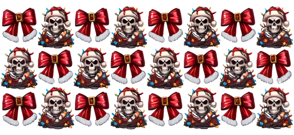 A festive pattern featuring cheerful skulls wearing Santa hats adorned with colorful lights, alongside vibrant red bows with white fur.UV Transfers heat press transfers